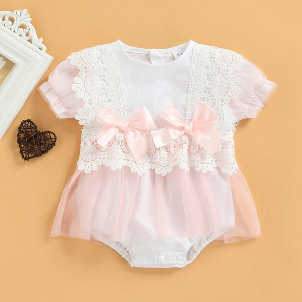 Lace Floral Bow Romper Dress - MomyMall White/Pink / 0-3 Mo