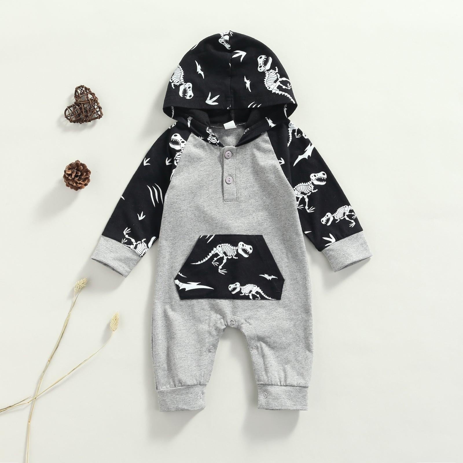 Dinosaur Skeleton Hoodie Romper - MomyMall Gray/Black / 0-3 Mo