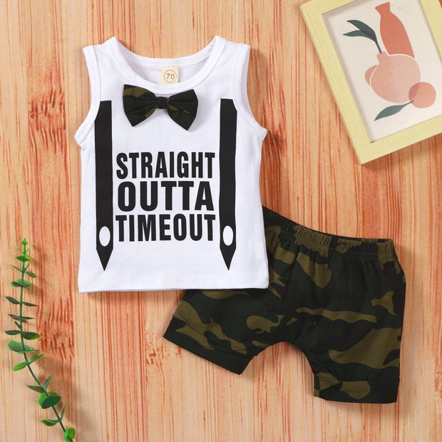 Straight Outta Timeout Bow Tie Camouflage Outfit - MomyMall White/Green / 3-6 Mo