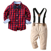 Plaid Bow Tie Shirt with Suspender Pants - MomyMall Red / 6-12 Mo