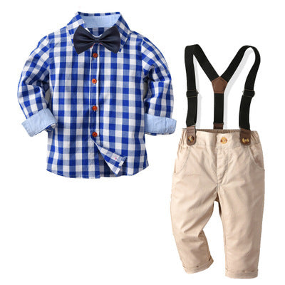 Plaid Bow Tie Shirt with Suspender Pants - MomyMall Blue / 6-12 Mo
