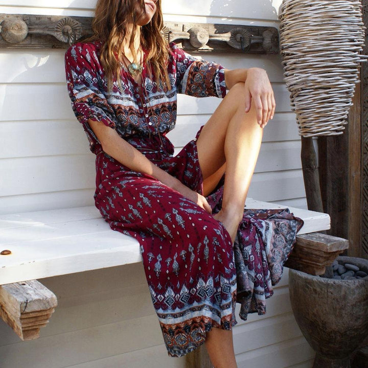Summer Boho Maxi Front Split Dress With 3/4 Sleeves