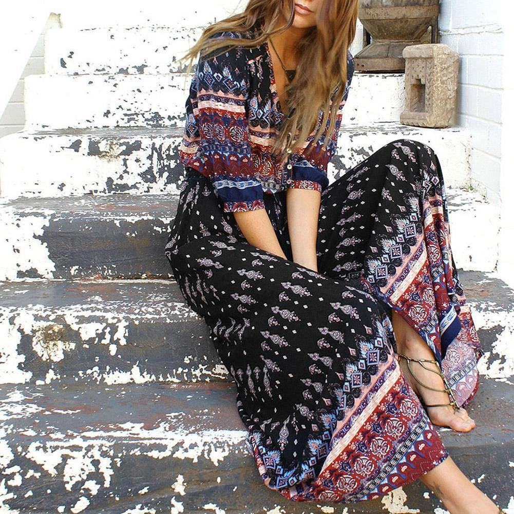 Summer Boho Maxi Front Split Dress With 3/4 Sleeves