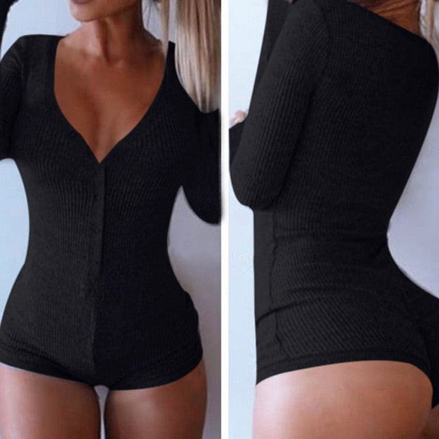 Fashion Women Sexy Rib Cotton Button V Neck Bodycon - MomyMall black / S