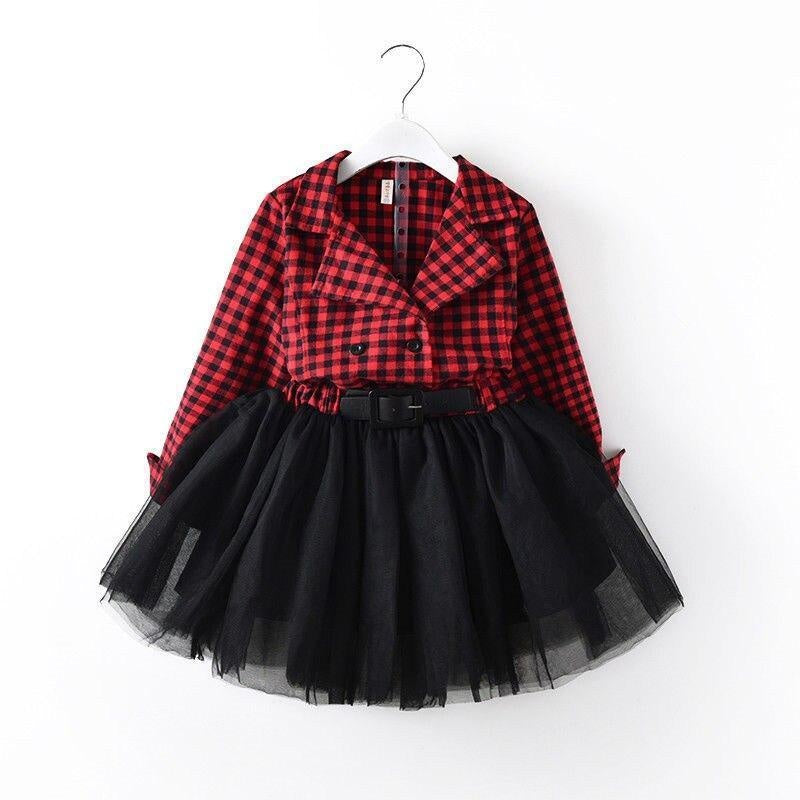 Girls Long Sleeve Plaid Tulle Patchwork Christmas Dress For 2-7T - MomyMall