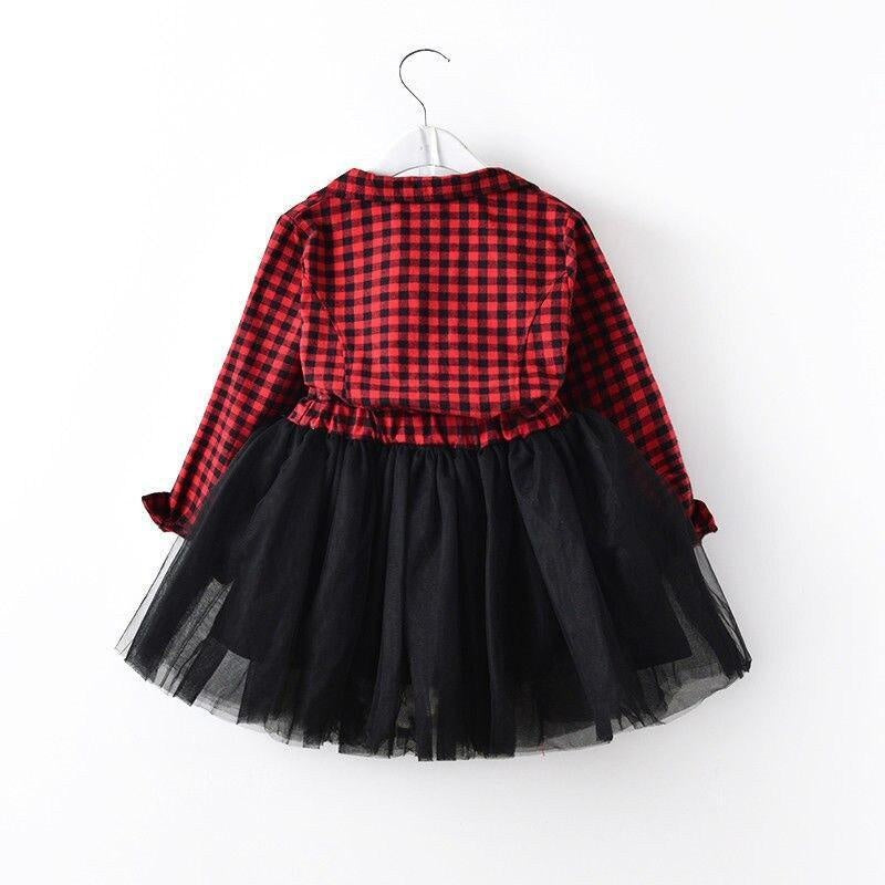 Girls Long Sleeve Plaid Tulle Patchwork Christmas Dress For 2-7T - MomyMall