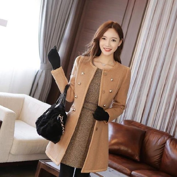 Double Breasted Wool Coat With Faux Fur Trim Collar