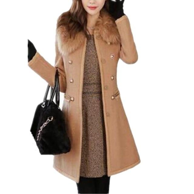 Double Breasted Wool Coat With Faux Fur Trim Collar