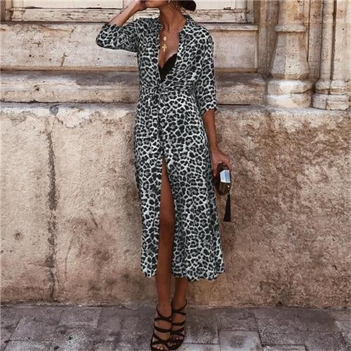 Leopard Wrap Dress - Front Split Animal Print Dress - MomyMall BLACK/WHITE / S