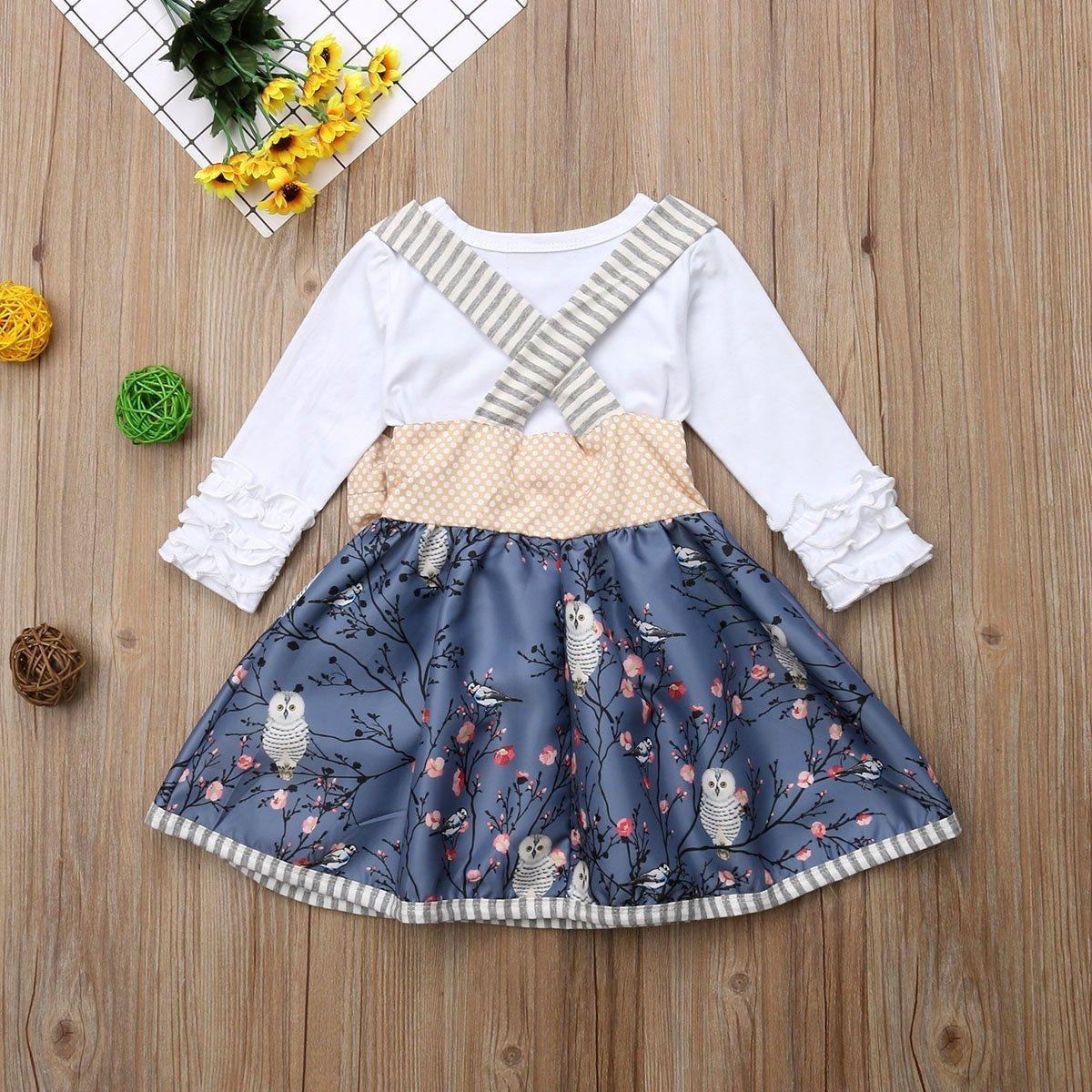 Girl Long Sleeve Tops Print Strap Skirt Outfit 2Pcs