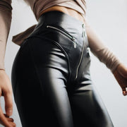 Faux Leather Push Up Leggings With Zip Front