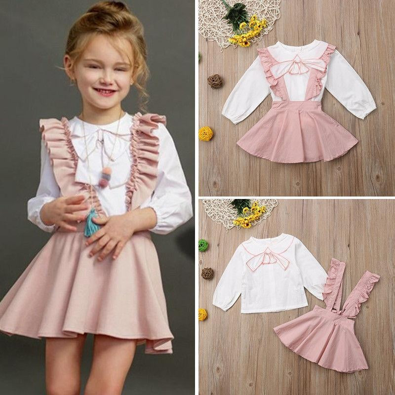 Kids Girl Bow-knot Long Sleeve Pink Outfit 2PCS - MomyMall