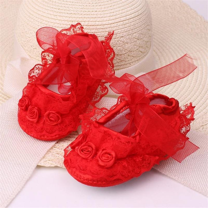 Newborn Baby Girl Shoes Lace Floral Soft Shoes 0-12M - MomyMall Red / 0-3 months