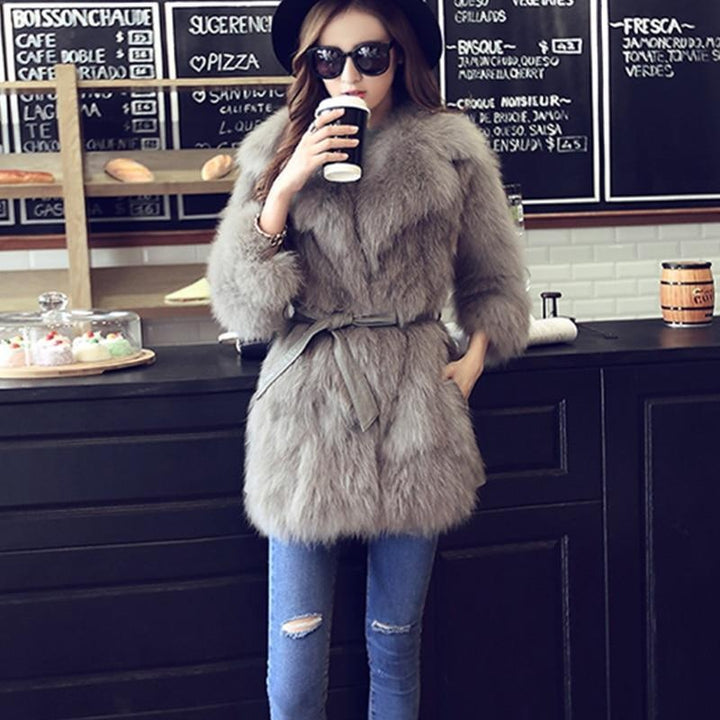 Faux Fur Mid Thigh Belted Coat With Pockets