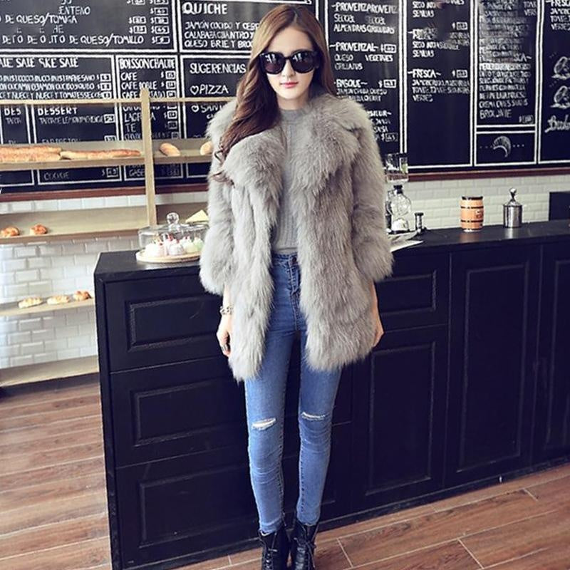 Faux Fur Mid Thigh Belted Coat With Pockets