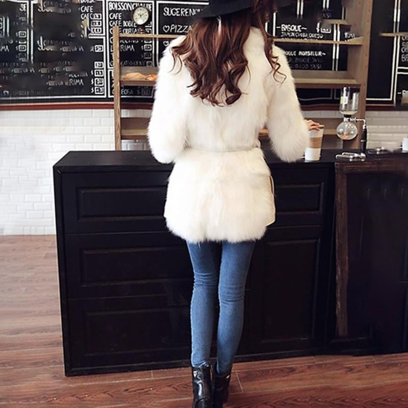 Faux Fur Mid Thigh Belted Coat With Pockets