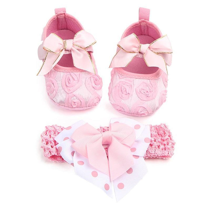 Baby Girls Shoes Sweet Floral Walking Soft Shoes Ribbon Headwear
