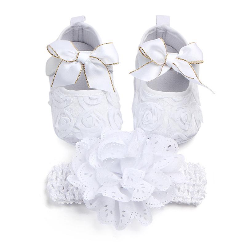 Baby Girls Shoes Sweet Floral Walking Soft Shoes Ribbon Headwear