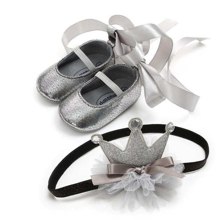 Baby Shoes Princess Party Wedding Headband Soft Walker Shoes - MomyMall Gray / 0-6 Months