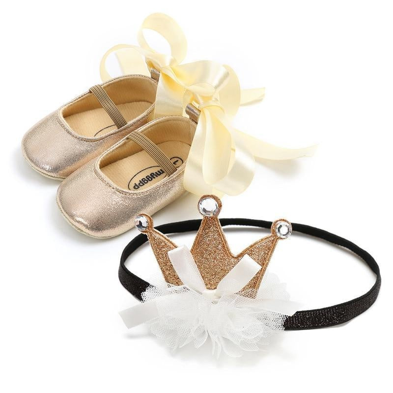 Baby Shoes Princess Party Wedding Headband Soft Walker Shoes - MomyMall Gold / 0-6 Months