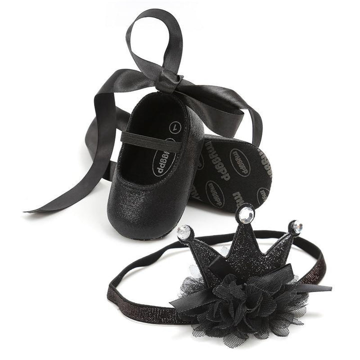 Baby Shoes Princess Party Wedding Headband Soft Walker Shoes - MomyMall Black / 0-6 Months