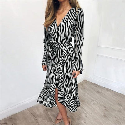 Zebra Print Midi Wrap Dress - MomyMall GREY / S