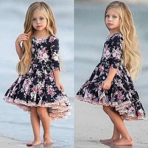 Girl Pretty Floral Long Sleeve Irregular Pleated Dresses 1-6Y