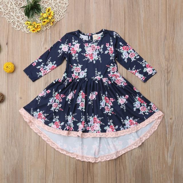 Girl Pretty Floral Long Sleeve Irregular Pleated Dresses 1-6Y