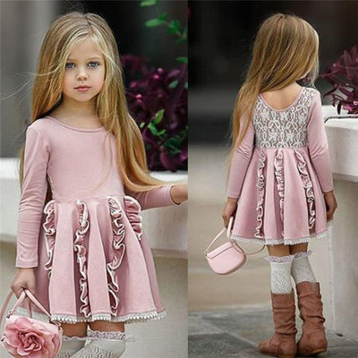 Girl Princess Patchwork Dress Long Sleeve Party Tutu Dresses 2-7Y - MomyMall Pink / 2T