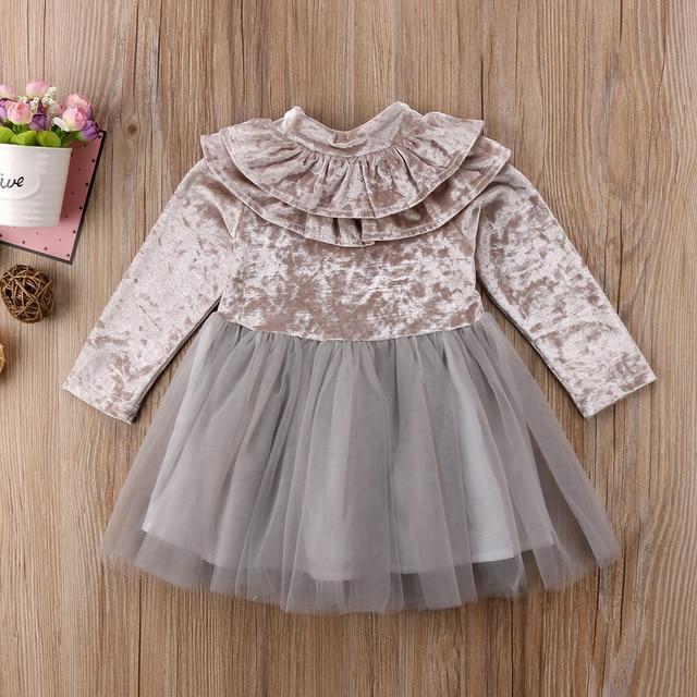 Girls Velvet Party Princess Autumn Ruffle Tulle Dresses