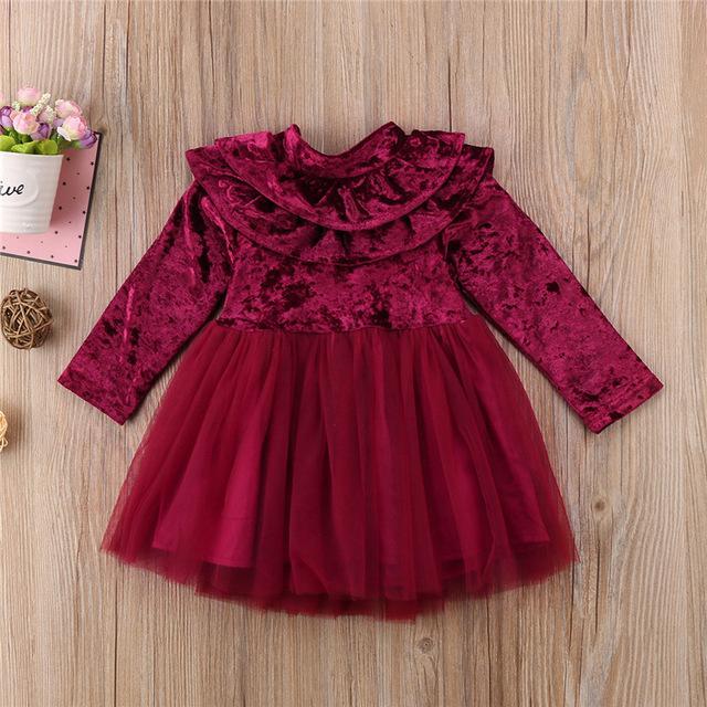 Girls Velvet Party Princess Autumn Ruffle Tulle Dresses