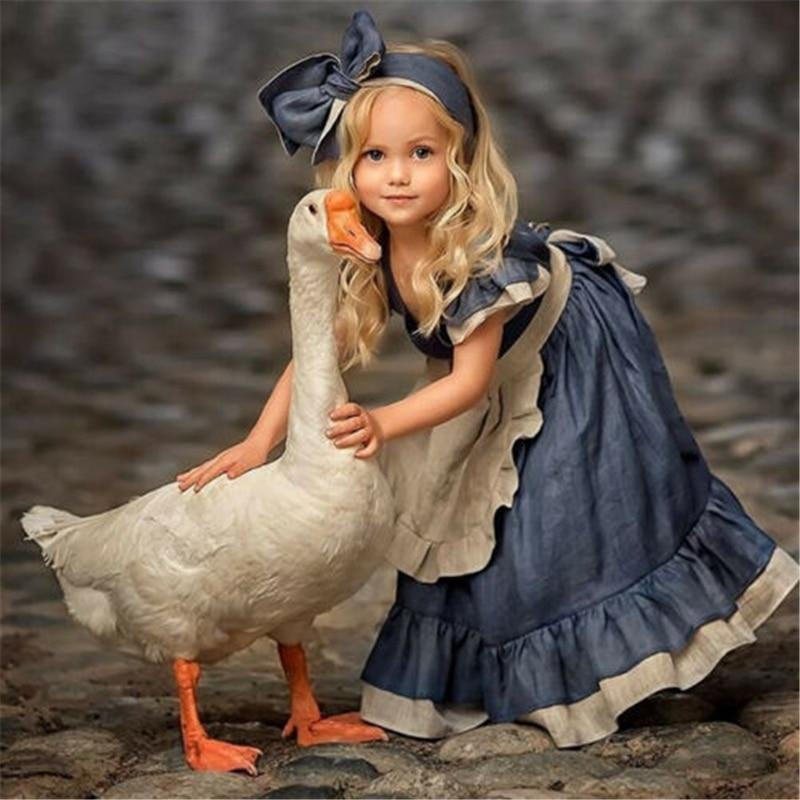 Girl Denim Tutu Lace Ruched Petal Sleeve Dresses - MomyMall Blue / 2-3T