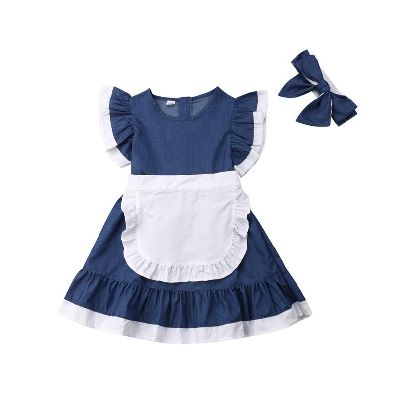 Girl Denim Tutu Lace Ruched Petal Sleeve Dresses - MomyMall