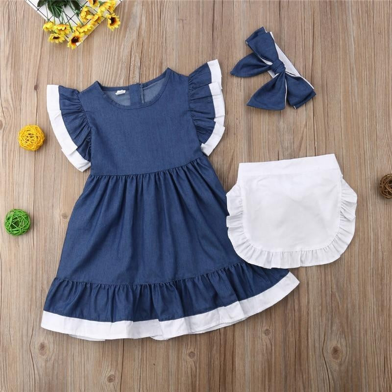 Girl Denim Tutu Lace Ruched Petal Sleeve Dresses - MomyMall