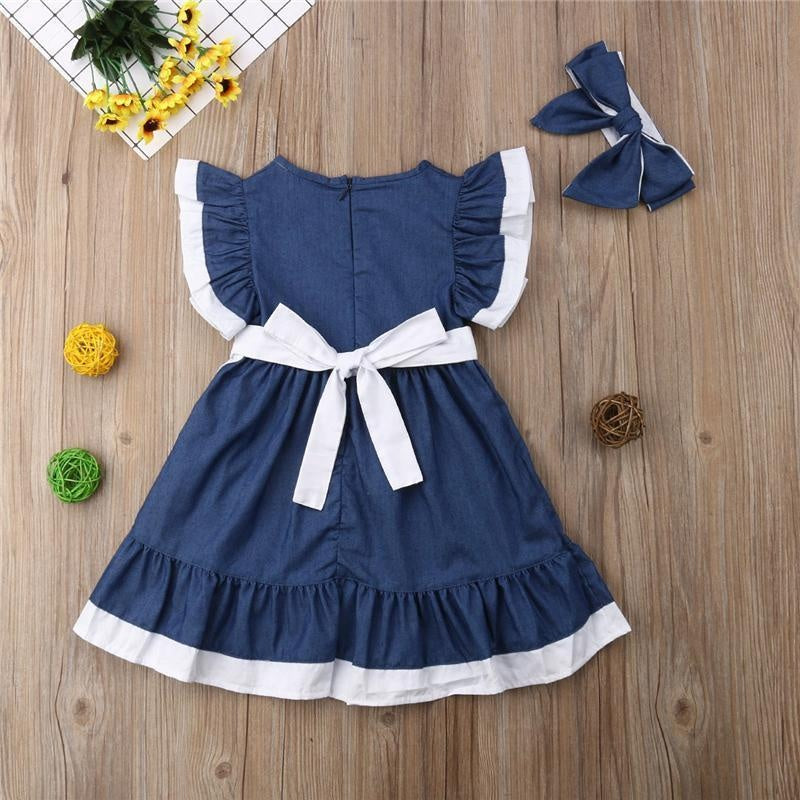 Girl Denim Tutu Lace Ruched Petal Sleeve Dresses - MomyMall