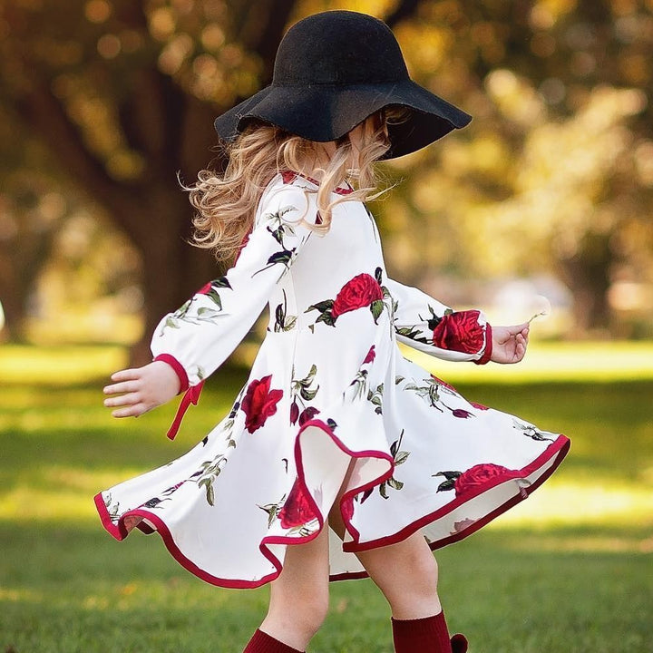 Kids Girls Dress Floral Long Sleeve Party Dresses - MomyMall White / 6M