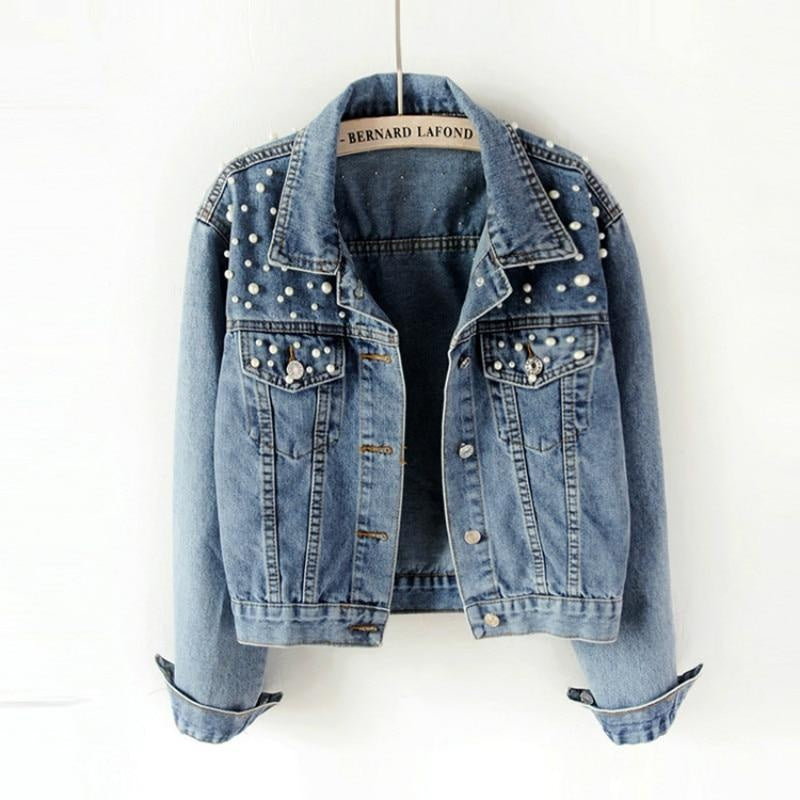 Spring Pearl Denim Crop Jacket