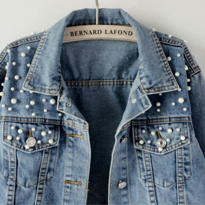 Spring Pearl Denim Crop Jacket