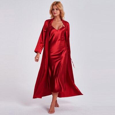 Maxi Satin Cami Nightdress With Matching Robe - MomyMall RED / S