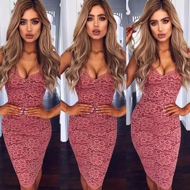 Lace Bodycon Dress - Spaghetti Strap Midi Dress - MomyMall PINK / S