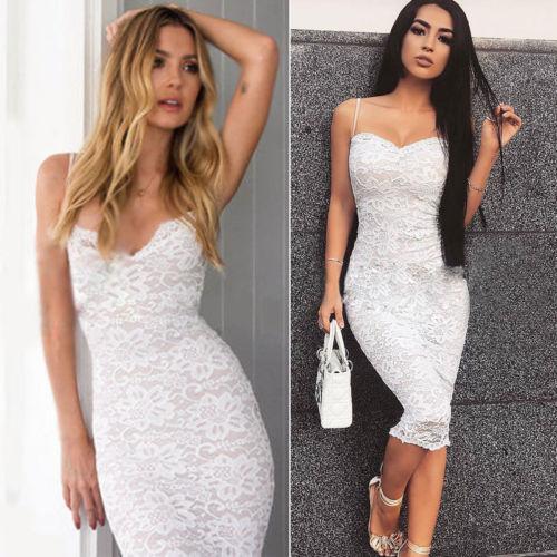 Lace Bodycon Dress - Spaghetti Strap Midi Dress - MomyMall WHITE / S