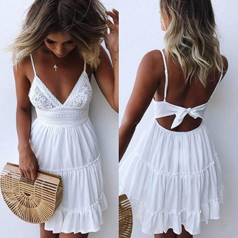 Backless Summer Mini Dress - V-Neck Tie Back Dress