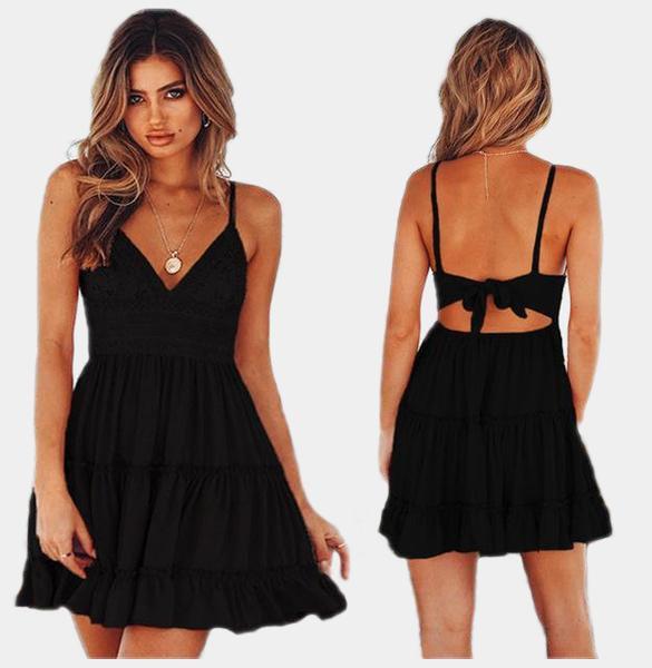 Backless Summer Mini Dress - V-Neck Tie Back Dress