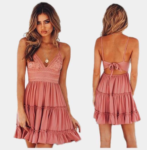 Backless Summer Mini Dress - V-Neck Tie Back Dress