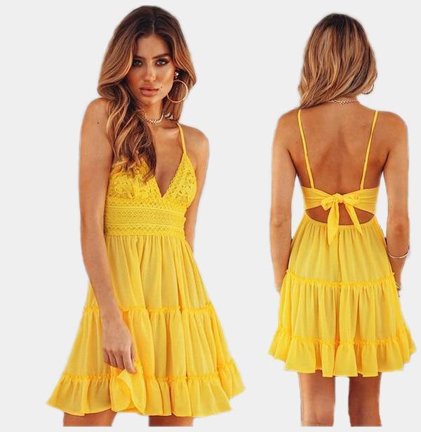 Backless Summer Mini Dress - V-Neck Tie Back Dress