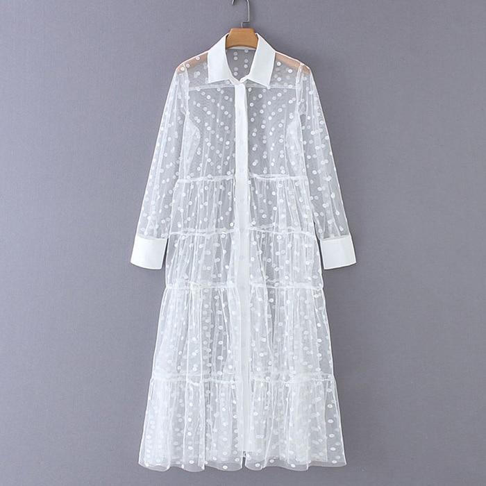 Polka Dot Smock Dress - Transparent Long Sleeve Dress - MomyMall WHITE / S