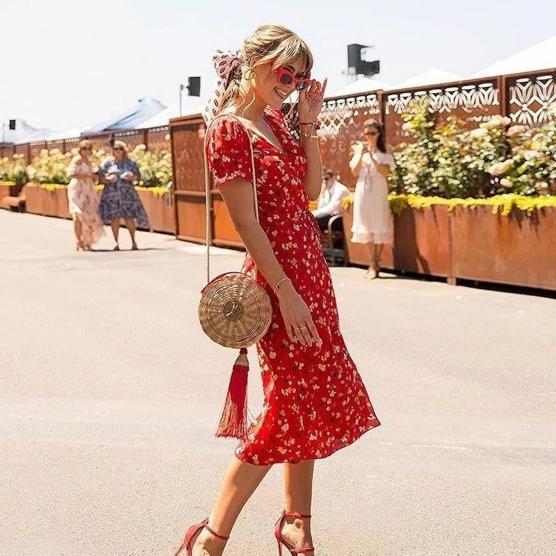 Ditsy Floral Print Midi Summer Dress - MomyMall RED / S