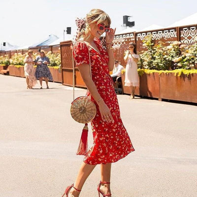 Ditsy Floral Print Midi Summer Dress - MomyMall RED / S