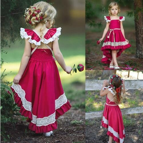 Kids Princess Lace Ruffle Irregular Beach Wedding Party Dresses - MomyMall