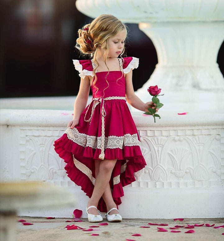 Kids Princess Lace Ruffle Irregular Beach Wedding Party Dresses - MomyMall Red / 6M